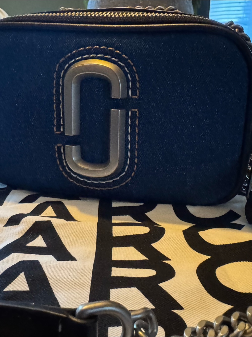 Marc Jacobs dark denim with black leather and silver hardware camera bag